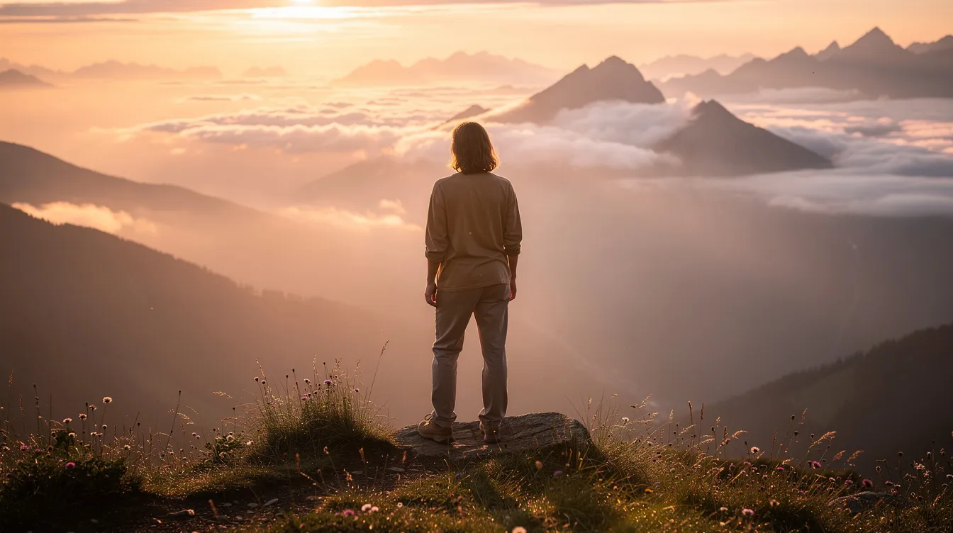 Een rustige persoon staat op een bergtop en kijkt uit over een prachtig berglandschap bij zonsopkomst, wat een gevoel van innerlijke rust en contemplatie oproept. Deze scène weerspiegelt de stoïcijnse filosofie, die leert om te accepteren wat buiten onze controle ligt en ons te richten op persoonlijke groei en veerkracht.