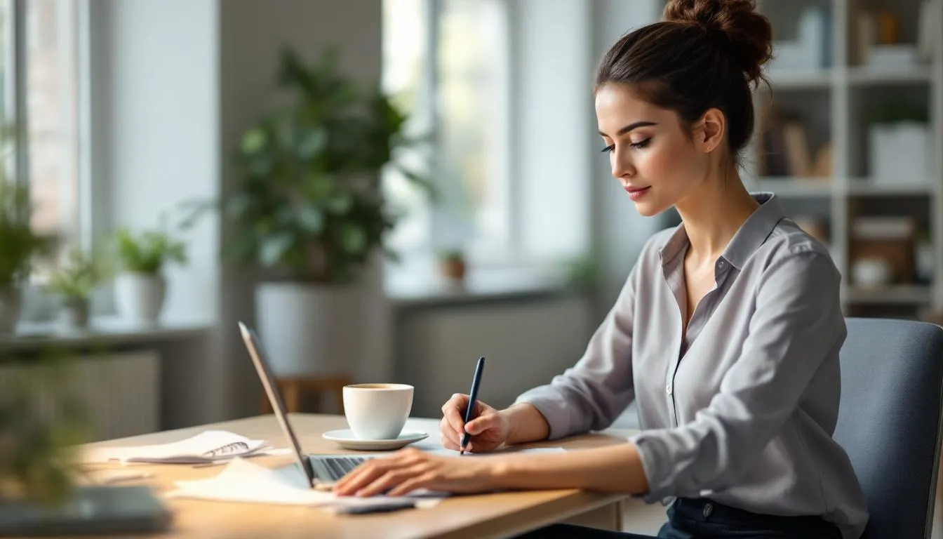 Homeoffice Pflicht: Eine Mitarbeiterin arbeitet konzentriert in ihrem Homeoffice und nutzt moderne Technologien für die Remote Work. Die Umgebung ist gut ausgestattet, um eine produktive Arbeitsweise im Rahmen hybrider Arbeitsmodelle zu unterstützen.