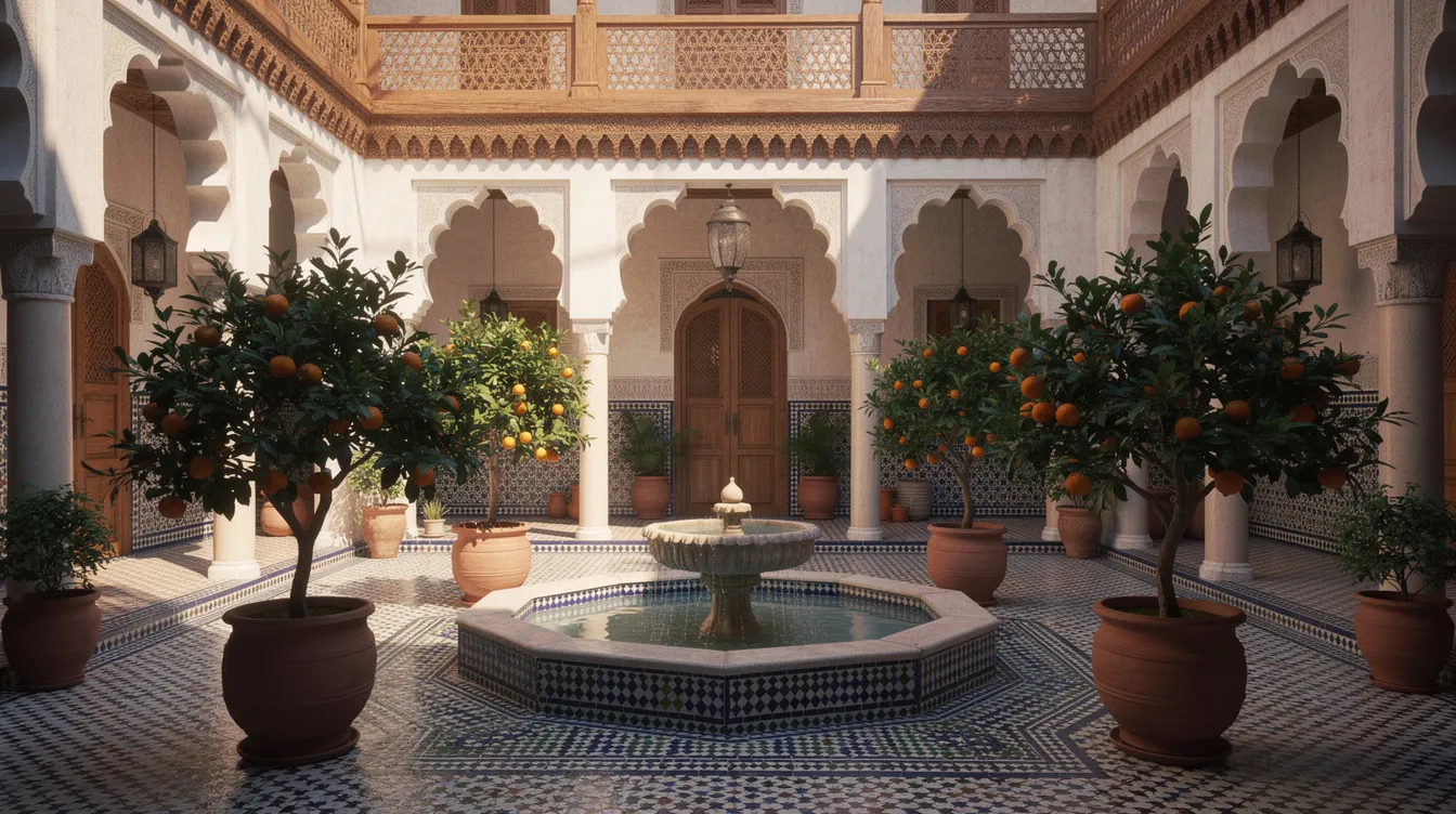The image depicts the interior courtyard of a traditional Moroccan riad, featuring a central fountain surrounded by vibrant mosaic tiles and flourishing orange trees, embodying the essence of Moroccan culture. This serene space serves as a peaceful retreat for travelers exploring the rich history and local customs of Morocco, making it a perfect stop for gay travelers seeking a unique experience in this beautiful country.