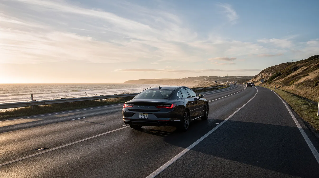 A car driving along a serene coastal road, maintaining left hand traffic