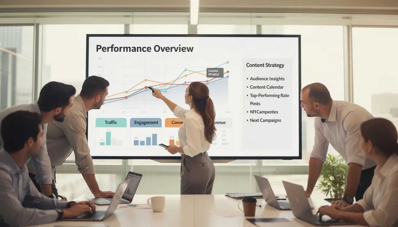 Ein Team von Fachleuten analysiert ein Dashboard mit Leistungskennzahlen und Strategien zur Content-Optimierung. Auf dem Bildschirm sind verschiedene Metriken zu sehen, die wichtige Informationen zur KI-Optimierung und SEO-Strategien für die Sichtbarkeit von Webseiten darstellen.