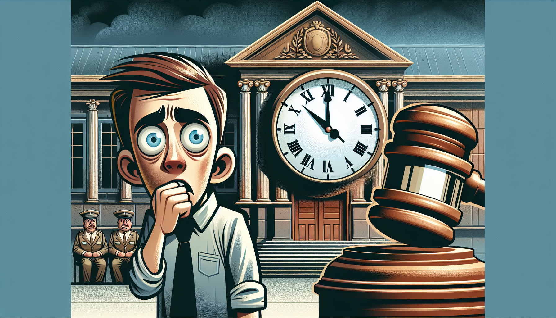 An illustration depicting the concept of bail jumping, showing a person looking anxious while trying to escape from a courtroom.