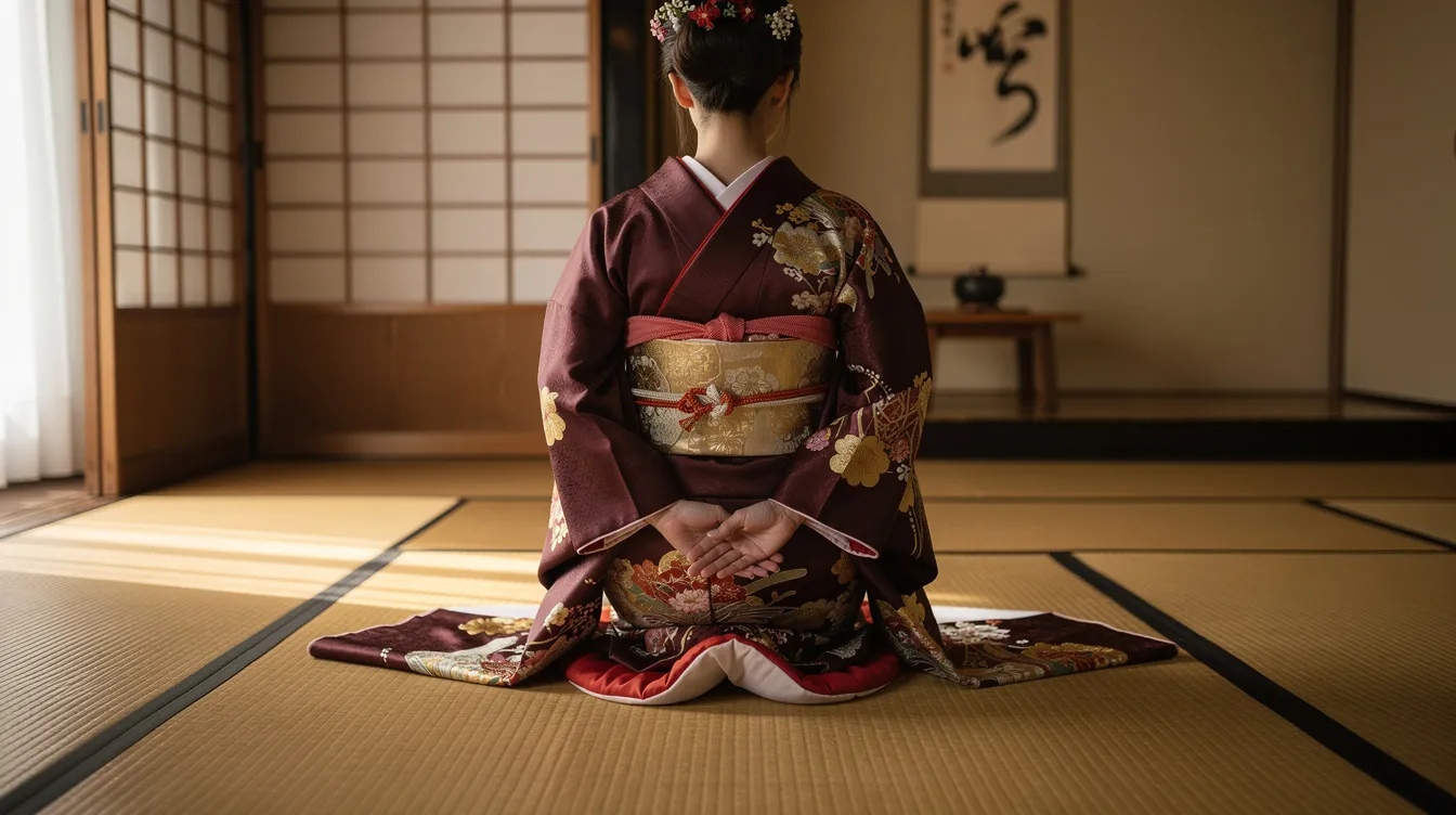 A person wearing a traditional kimono sits in seiza style on tatami mats in a serene Japanese room, complete with sliding paper doors. The elegant posture and graceful impression reflect the rich etiquette of Japanese culture.
