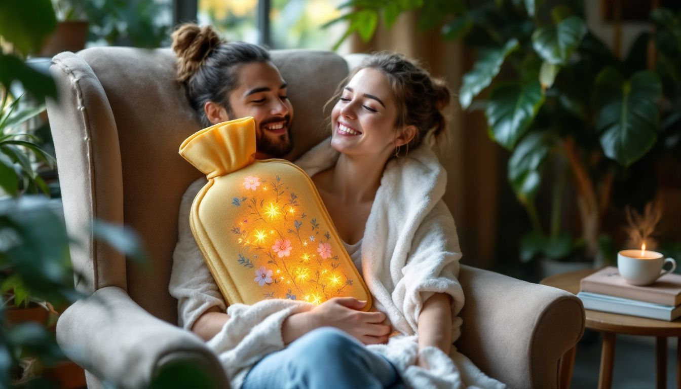 A long hot water bottle being used for pain relief on a person's back.