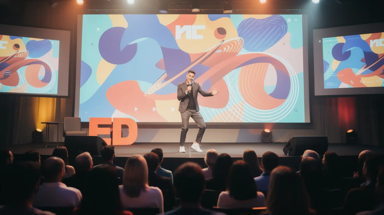 Een creatieve ondernemer, Ron Simpson, staat op een podium voor een enthousiast publiek, omringd door grote visuele schermen die zijn inspirerende inzichten en succesvolle concepten presenteren. De sfeer is energiek en aanstekelijk, terwijl hij zijn ervaringen als veelgevraagd spreker deelt over ondernemen en creativiteit.