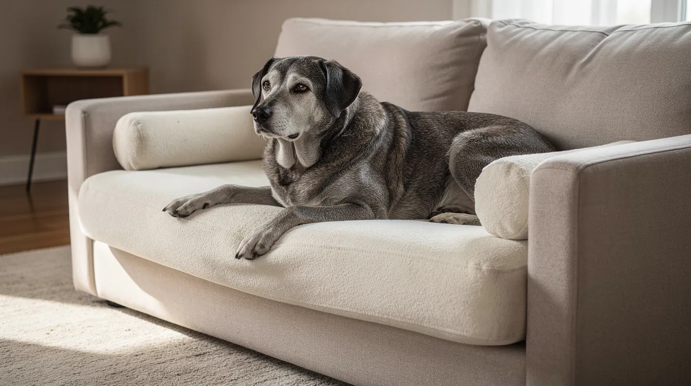 A senior dog, likely a golden retriever, is comfortably resting on an orthopedic memory foam pet sofa designed for ultimate comfort, featuring supportive bolsters. This stylish dog sofa bed blends seamlessly with home décor, providing a perfect spot for furry friends to relax and snuggle.