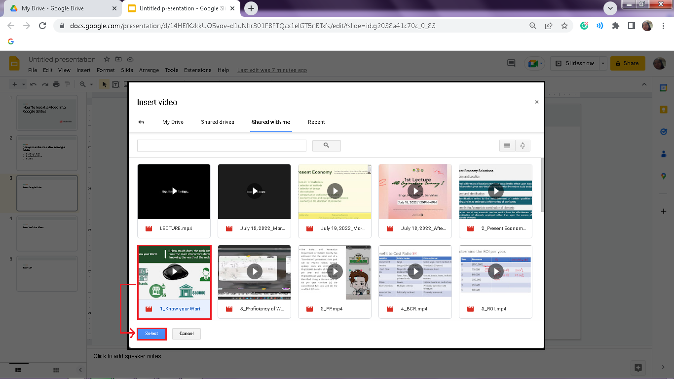 Choose the video you want to embed from your Google Drive, and click "Select"