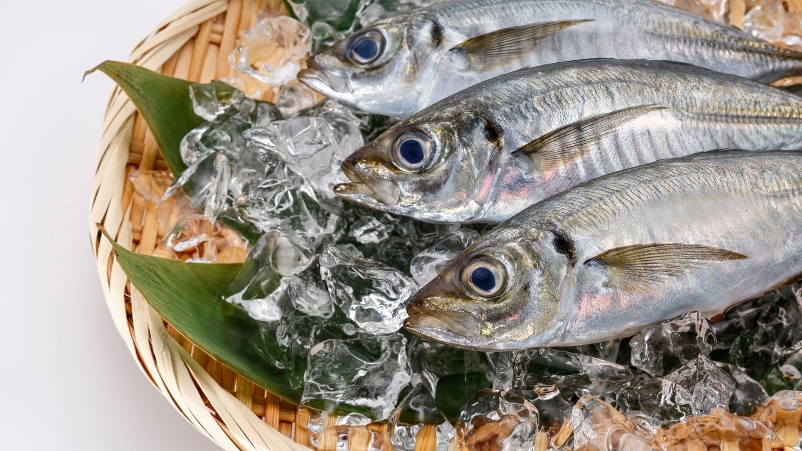 Fresh mackerel fish on ice in a bamboo basket ready for cooking