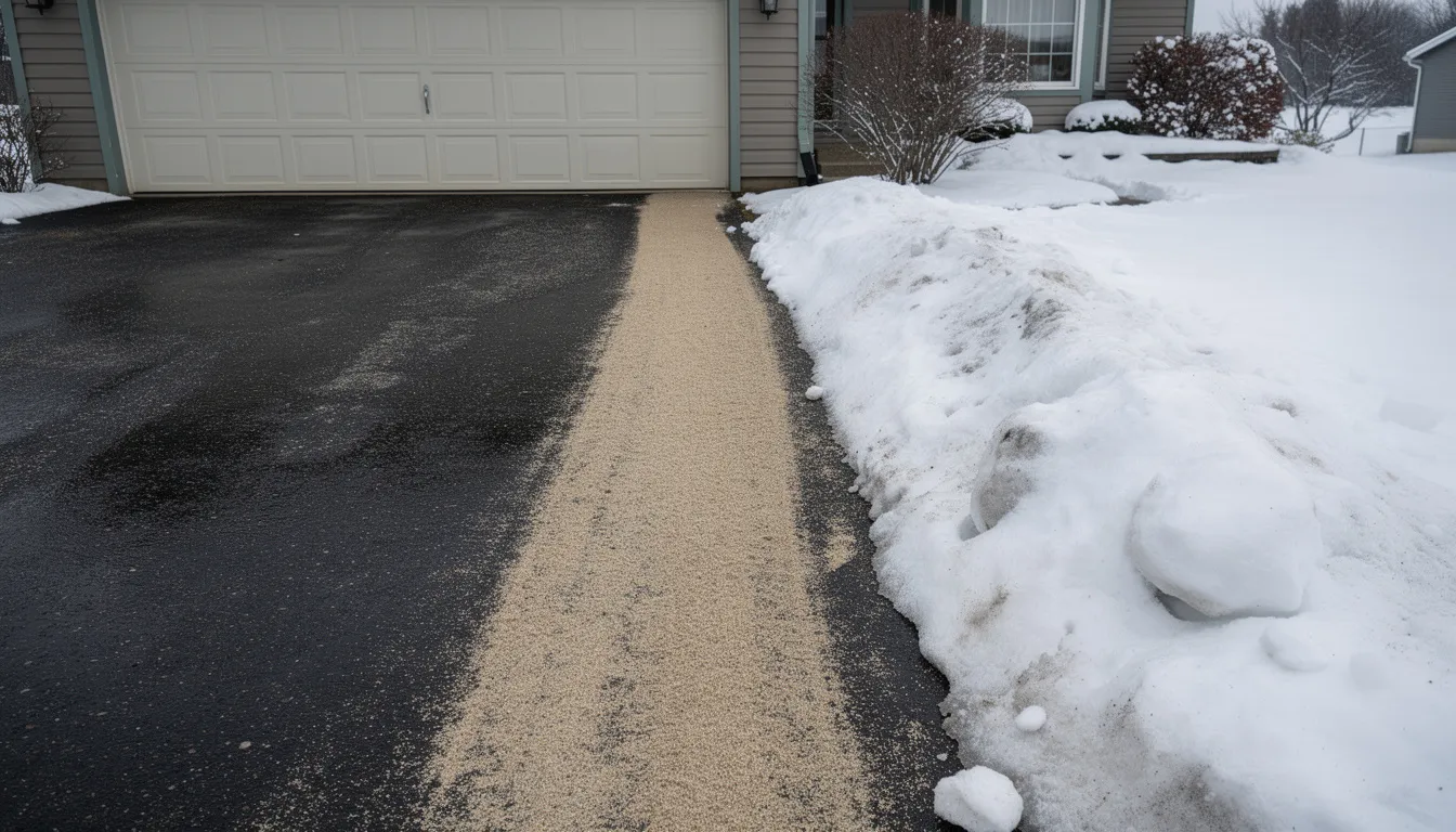 The image depicts a residential driveway where sand has been spread along a cleared walking path, with a small snowbank at the edge, highlighting the cold weather conditions typical in winter. This scene serves as a reminder for drivers to maintain tire traction and stay alert for icy conditions when navigating residential areas during extreme weather.