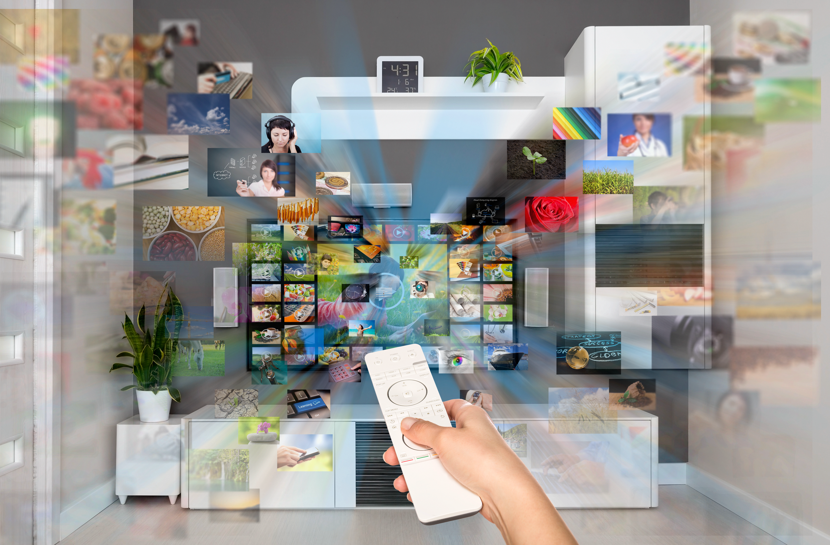 a tv remote points to the television among other floating tv channels to show omnichannel marketing