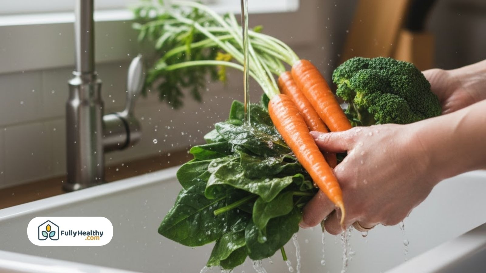 Hands rinsing carrots and leafy green vegetables under running water to prepare foods.