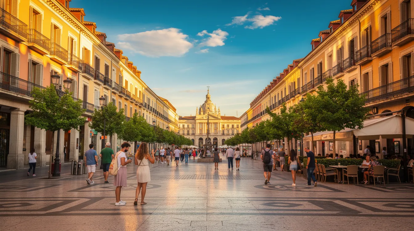 A imagem retrata uma bela vista de Madrid, na Espanha, durante o verão, com edifícios históricos e modernos se destacando sob um céu azul claro. A cena captura a vibrante atmosfera da cidade, com pessoas aproveitando o clima ensolarado em suas ruas e praças.