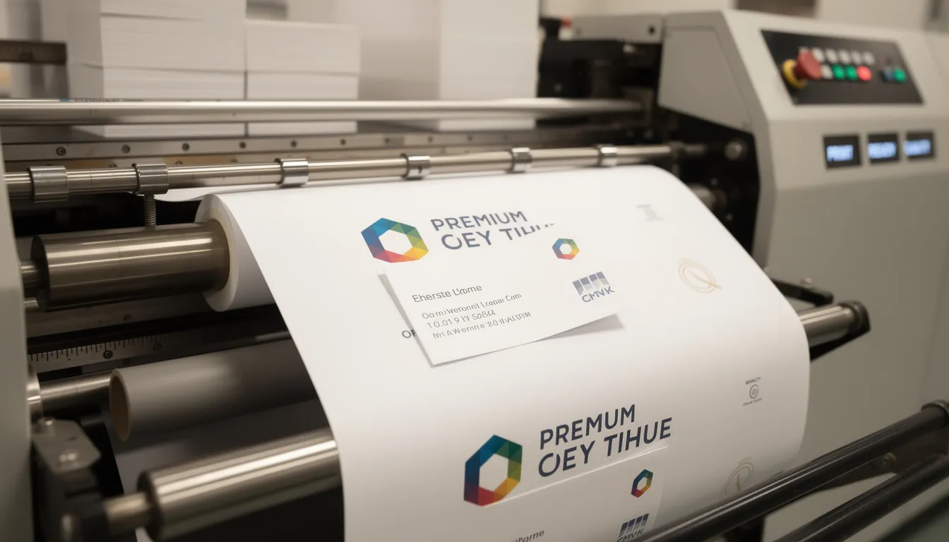 The image shows high-quality printing equipment producing professional business cards, showcasing various templates and designs. The cards feature customized graphics and colors, reflecting a strong brand identity suitable for business events and networking.