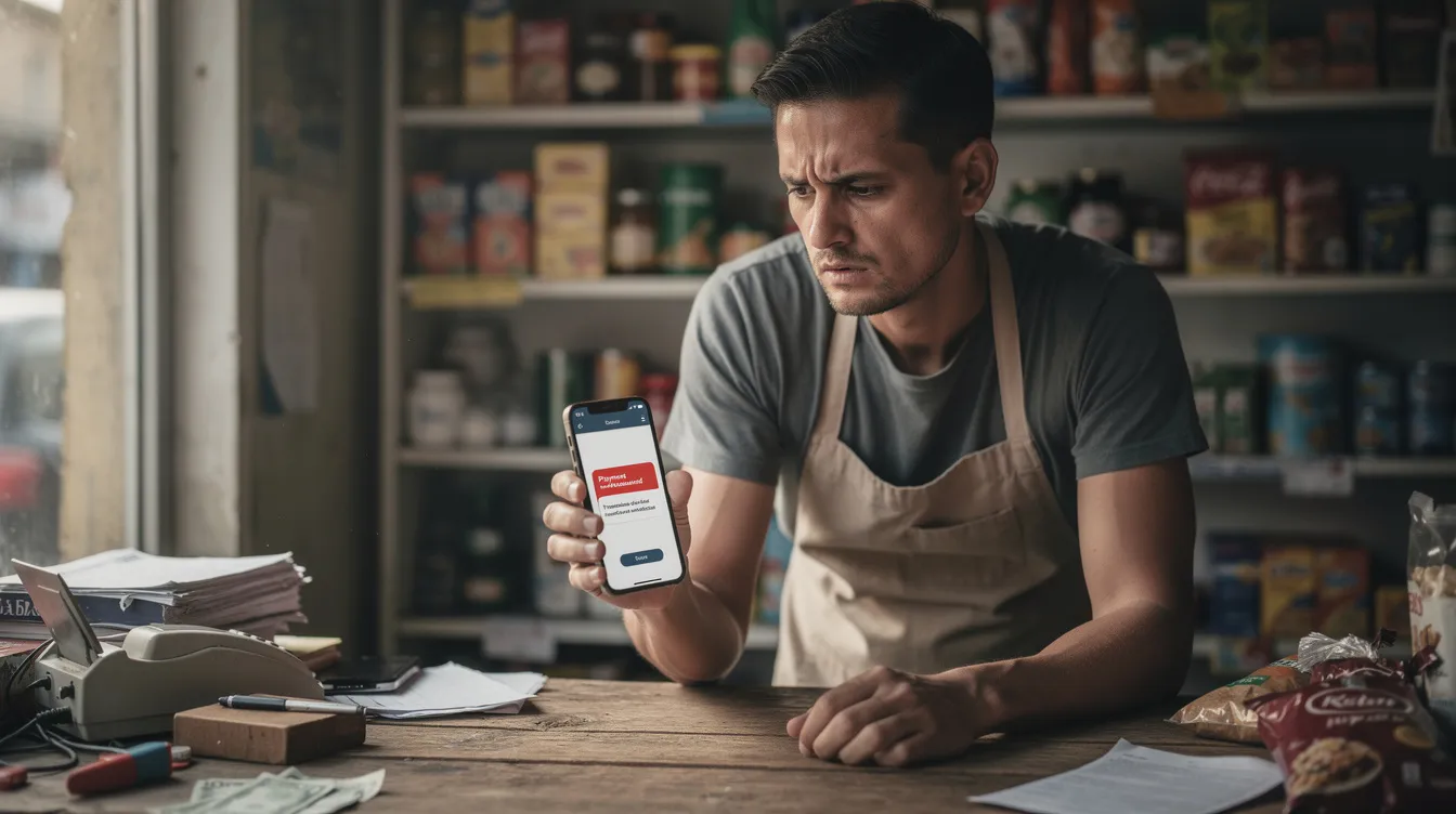 27e65270 0c4b 4cad a1b2 d0f05c22d227 A worried small shop owner is staring at a mobile phone notification indicating a bounced payment, highlighting the challenges faced by micro and small enterprises in managing cash flow. This moment reflects the importance of having a solid business plan and understanding eligibility criteria for securing business loans, such as those offered under the Pradhan Mantri Mudra Yojana.