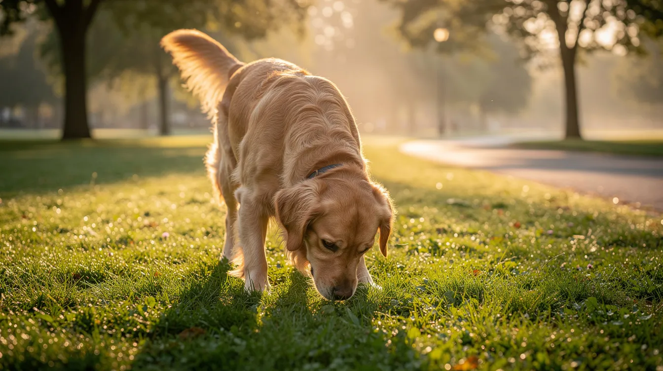 A golden retriever happily sniffing the grass during a peaceful morning walk in the park, embodying the joy and unconditional love that furry friends bring to our lives. This serene moment is a perfect opportunity to celebrate National Pet Day by spending quality time with our beloved pets and exploring the great outdoors together.