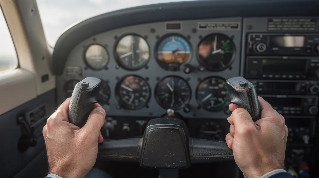 A close-up view captures a pilot's hands gripping the yoke inside a small airplane cockpit, with various instrument gauges visible, highlighting the skills required for instrument flying under instrument flight rules (IFR). This scene emphasizes the importance of instrument training and the confidence needed for a safe flight.