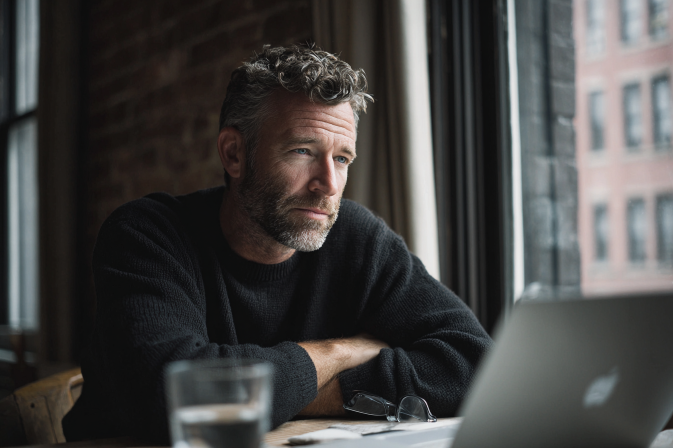 A man in his forties reflects during an online men's therapy group for professionals at New York Therapy