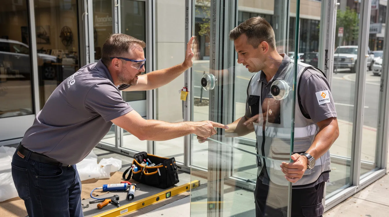A franchise owner is engaged in hands-on training with a coach, focusing on the installation of glass surfaces. This scene highlights the importance of the comprehensive franchise training program, which provides essential knowledge and support for new franchisees to ensure their long-term success in business operations.