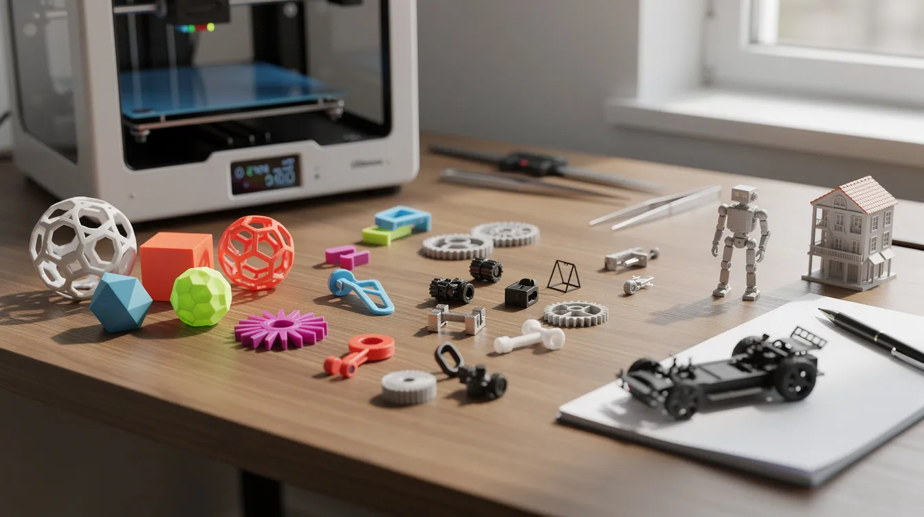 A collection of small 3D printed objects is displayed on a desk, showcasing various designs and materials. This assortment could inspire those looking to learn Blender or explore 3D modeling projects, similar to tutorials available on platforms like YouTube.