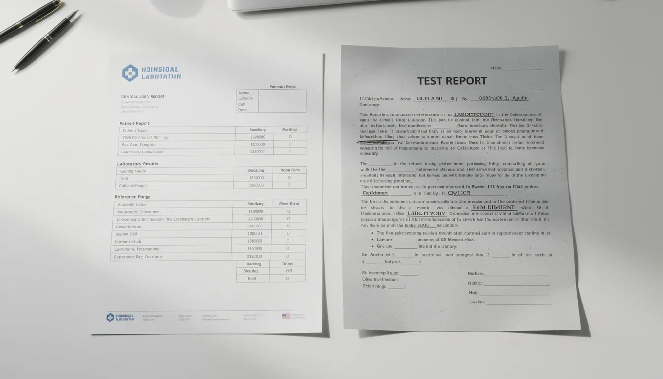 The image shows two laboratory documents placed side by side, highlighting the stark contrast between one professionally formatted lab report and another with suspicious quality, potentially raising red flags about the nmn supplement&rsquo;s safety and efficacy. This comparison emphasizes the importance of reviewing lab test results for critical elements such as purity, harmful substances, and proper analysis to make informed decisions about health and nmn supplementation.
