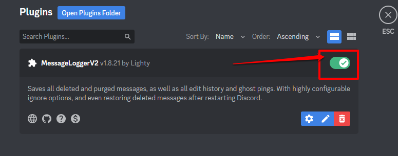 Closeup image showing how to enable the messageloggerv2 plugin on Discord