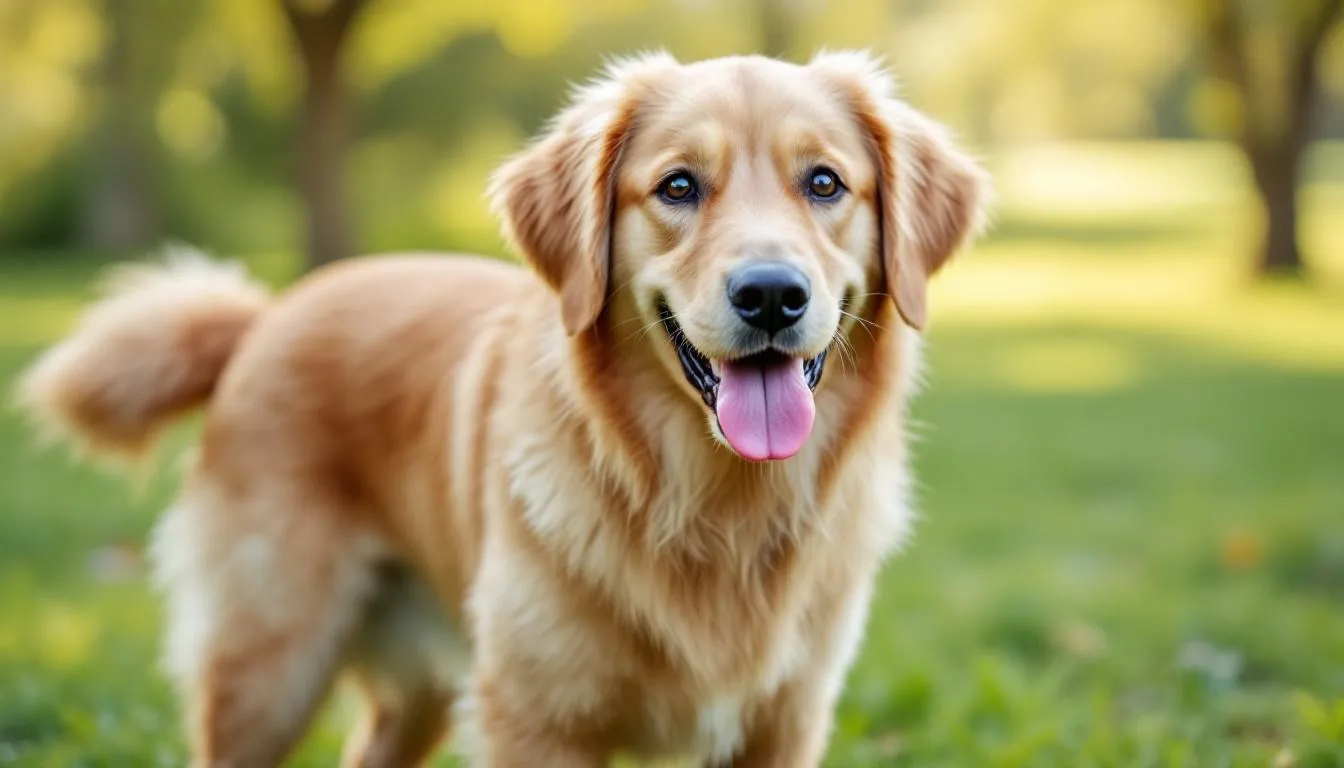 An adult goldendoodle stands proudly, showcasing its well-proportioned body and healthy weight, indicative of proper nutrition and regular exercise. This designer dog breed, a mix of golden retriever and poodle, exemplifies the ideal growth patterns and muscle development expected in a full-grown goldendoodle.