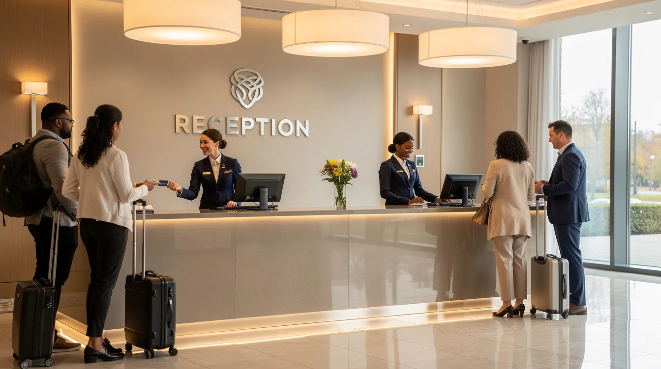 The image depicts a welcoming hotel front desk where staff members are actively assisting guests in a bright and well-organized reception area. This scene reflects the hospitality industry, emphasizing customer service and operational efficiency, which are essential for financial institutions assessing loan applications and financial projections.