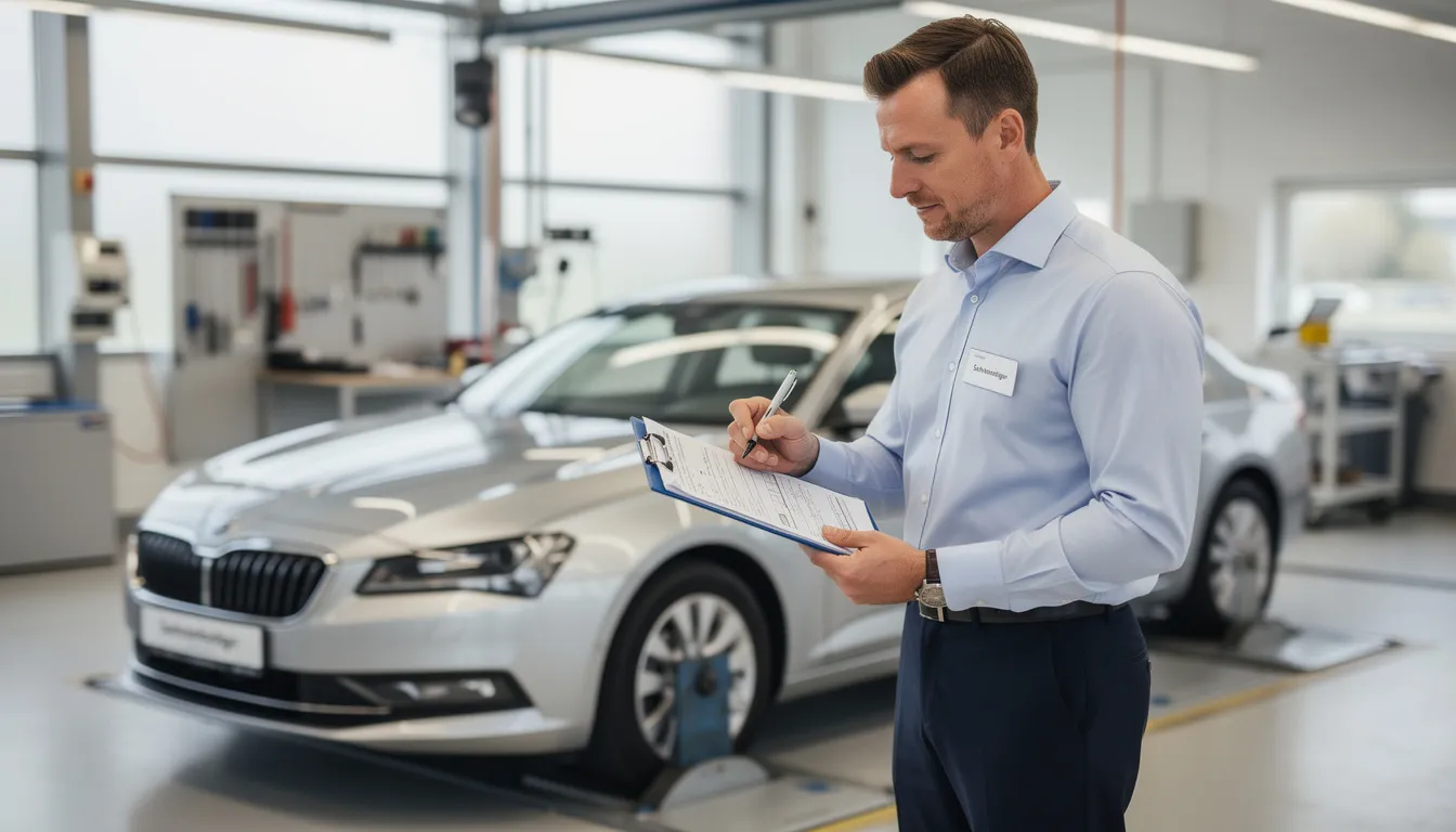 Ein professioneller Kfz-Sachverständiger steht mit einem Klemmbrett in der Hand, während er eine Fahrzeuginspektion durchführt. Er nutzt sein Fachwissen, um den Zustand des Fahrzeugs zu begutachten und erstellt gegebenenfalls ein Kfz-Gutachten für die Schadensregulierung.