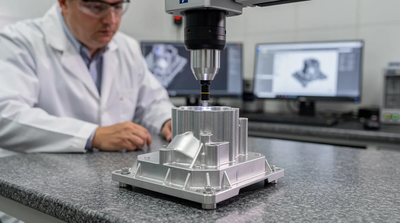 An engineer is using a coordinate measuring machine to accurately measure a precision aluminum die cast component, ensuring it meets tight tolerances and high quality standards. This process highlights the importance of precision die casting in producing complex shapes with fine details for various industries.
