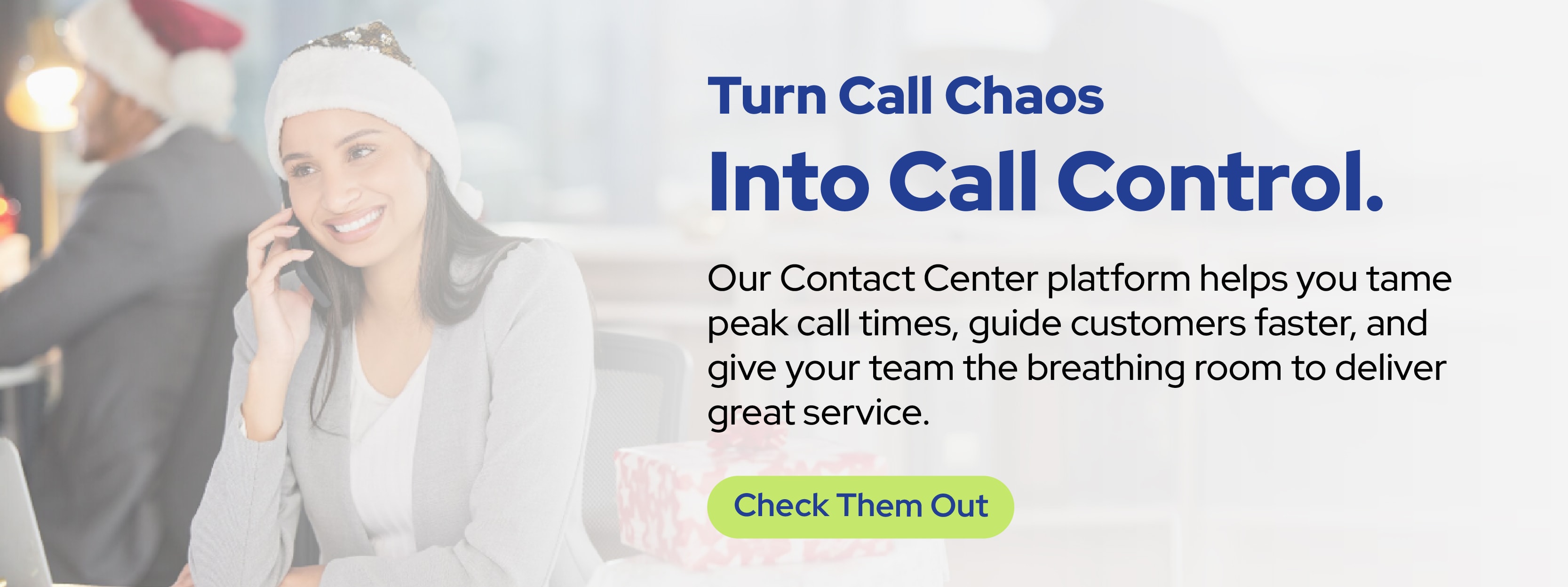 SOFY PLEASE MAKE THIS MORE FESTIVE. A user enjoying the "rapid deployment" and "advanced security measures" of Simplicity's Contact Center solutions.