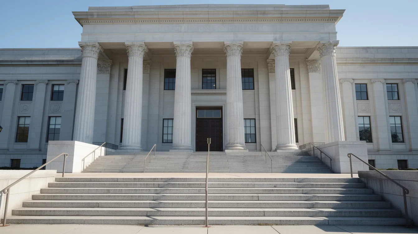 The image shows the entrance of a government building, featuring grand stone columns and wide steps leading up to the door, symbolizing authority and regulation, which may relate to topics like Nebraska gun laws and concealed carry permits. The architectural details convey a sense of security and governance, relevant to discussions about firearm regulations and public safety.