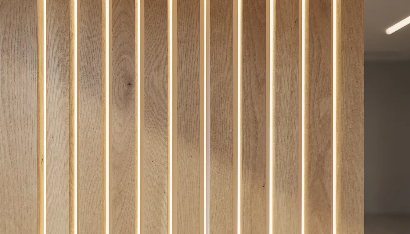 Een close-up van houten latten die worden verlicht door subtiele LED-strips, waardoor de natuurlijke houtnerf mooi wordt geaccentueerd. De zachte gloed van de LED-verlichting creëert een sfeervolle ambiance, perfect voor moderne interieurontwerpen.
