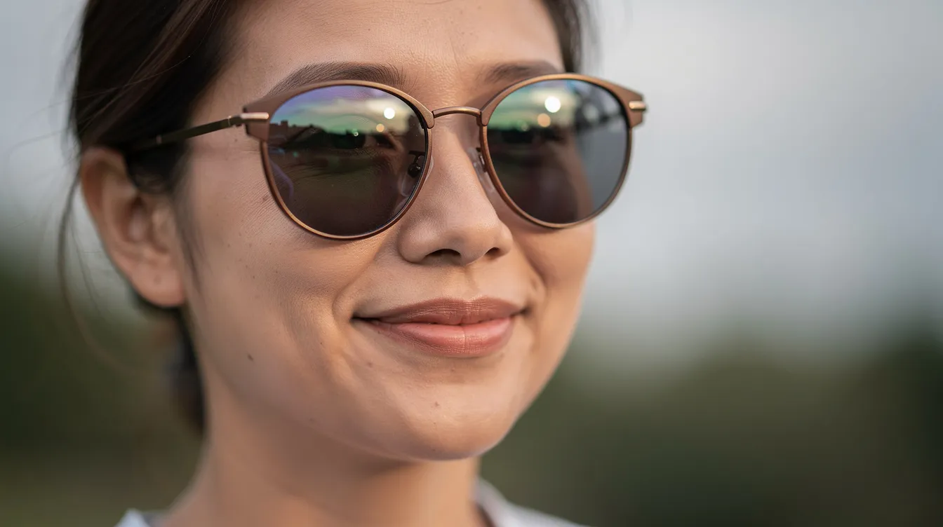 A person wearing sunglasses is outdoors in soft daylight, showcasing their upper eyelid surgery recovery progress. The image captures a moment in the healing process, highlighting the natural eyelid creases and a sense of comfort after the surgery.