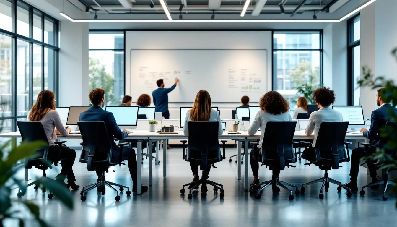 The image depicts a modern office environment where business users are collaboratively discussing strategies to improve business agility through data virtualization. They are focused on integrating data from multiple sources, emphasizing real-time data access and centralized data governance to enhance data management and analytics capabilities.