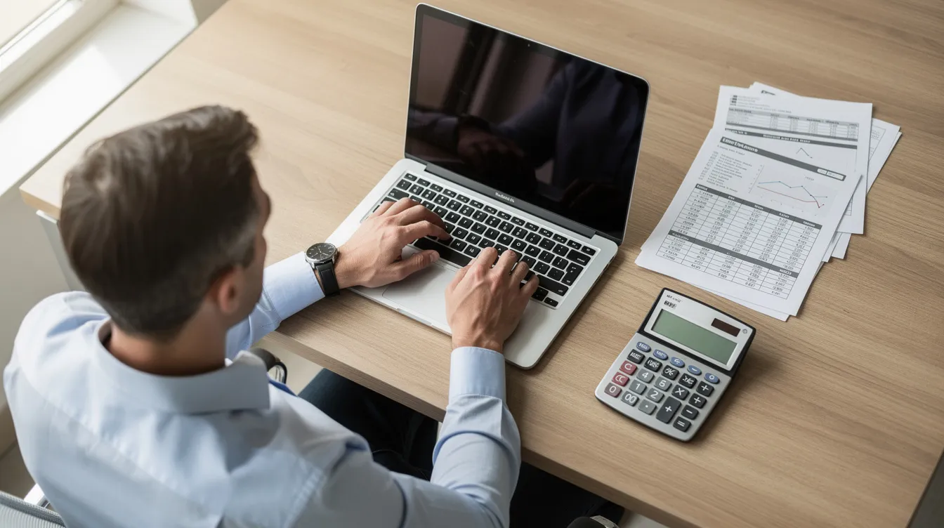 The image shows a person focused on their laptop at a desk cluttered with financial documents and a calculator, suggesting they are working on a loan application or analyzing terms and conditions related to personal loans. The scene reflects a typical environment for managing finances or preparing for a loan approval process.