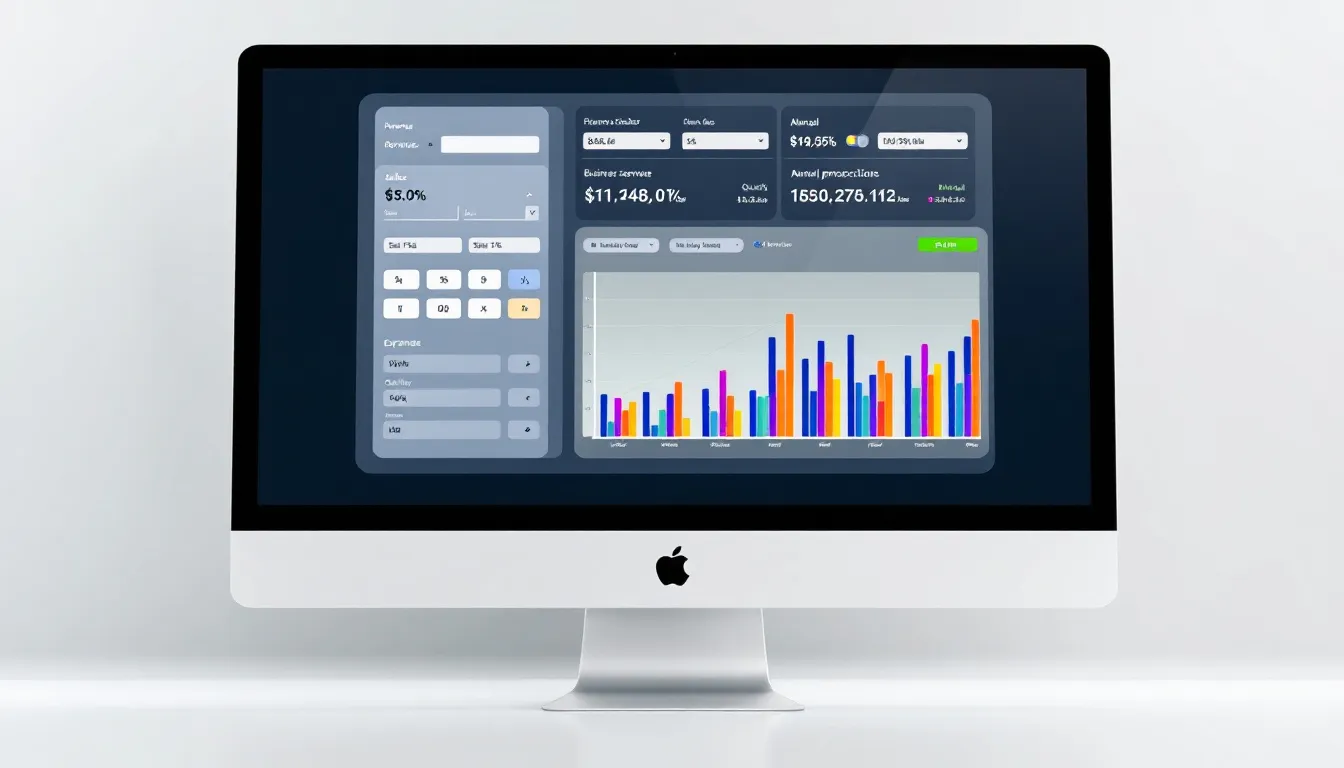 The image features a financial calculator alongside various charts that illustrate business revenue calculations, helping to manage costs and analyze strategies for maximizing profits. This visual aids in understanding the process of financial planning and risk management in a business context.