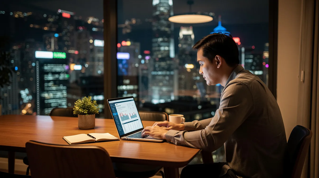 A Hong Kong professional is seated at home, intently reviewing financial documents on a laptop, likely related to their loan application process. The scene suggests a focus on understanding terms such as "利率 及" and "貸款 合約" as they prepare for potential financial commitments.
