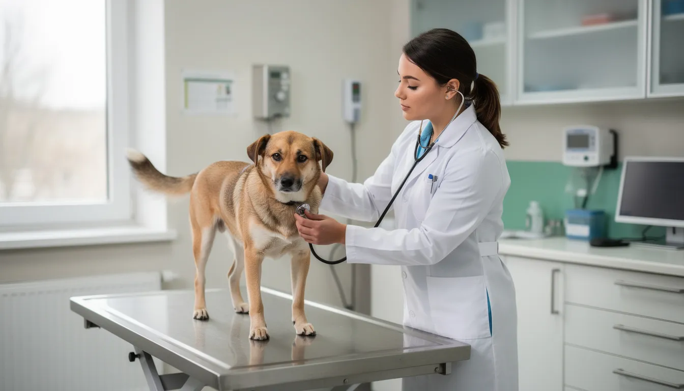 Weterynarz bada psa na stole w gabinecie weterynaryjnym, zwracając uwagę na objawy, takie jak nadmierne ślinienie, które mogą być sygnałem problemów zdrowotnych, takich jak choroby jamy ustnej czy obecność ciała obcego. Właściciele psów powinni obserwować intensywne ślinienie oraz inne niepokojące objawy, aby zapewnić odpowiednie leczenie.