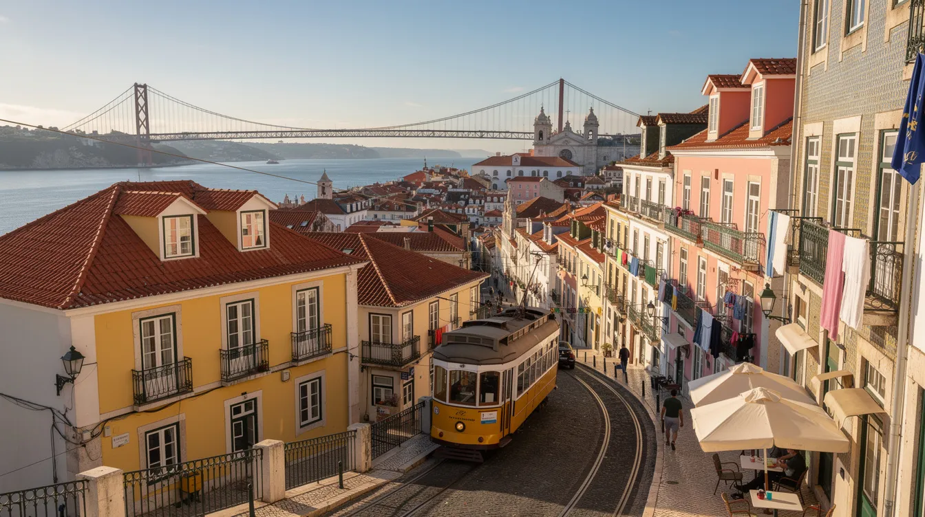 Imagem da cidade de Lisboa, Portugal, mostrando o centro histórico com suas colinas e ruas de paralelepípedos. Ao fundo, destaca-se o Mosteiro dos Jerónimos e a Praça do Comércio, com o Rio Tejo oferecendo uma vista deslumbrante da paisagem urbana.
