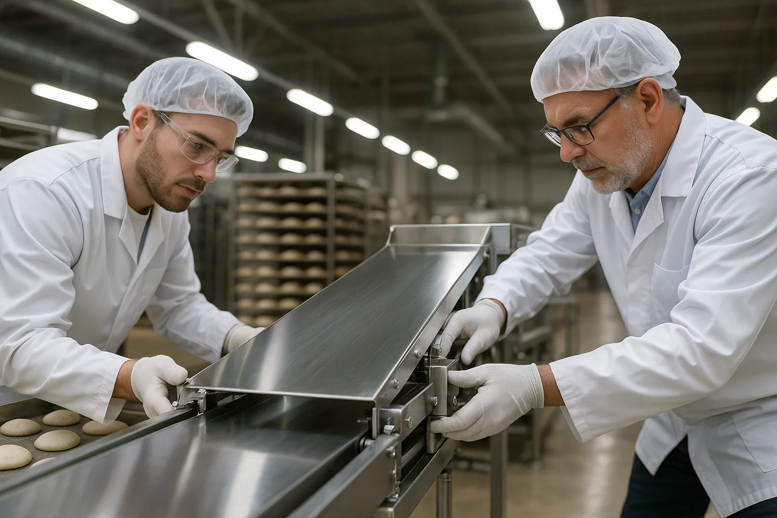 Engineers installing a stainless steel conveyor belt in a commercial bakery production line.