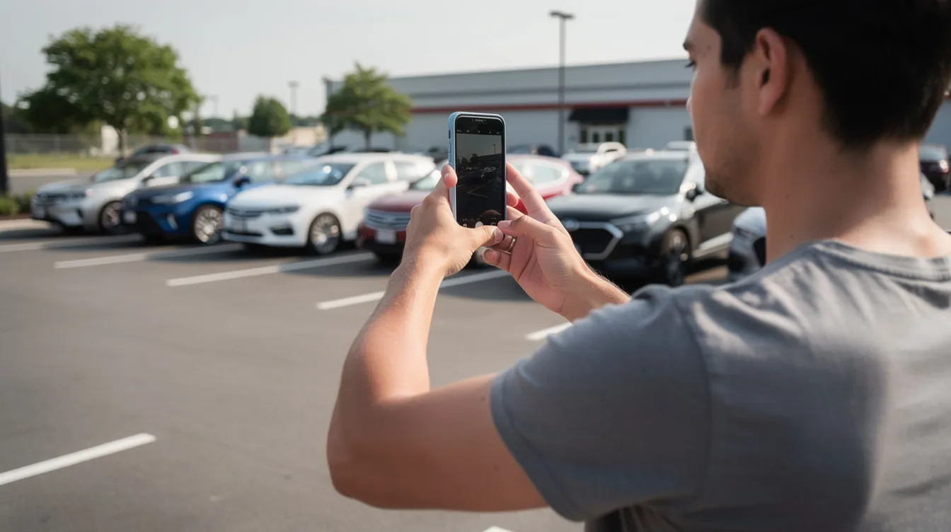 The image shows a person in a parking lot taking a photograph with their smartphone, possibly documenting an incident related to a car accident. This scene could be relevant for personal injury claims, as it highlights the importance of gathering evidence in personal injury cases in the Colorado Springs area.
