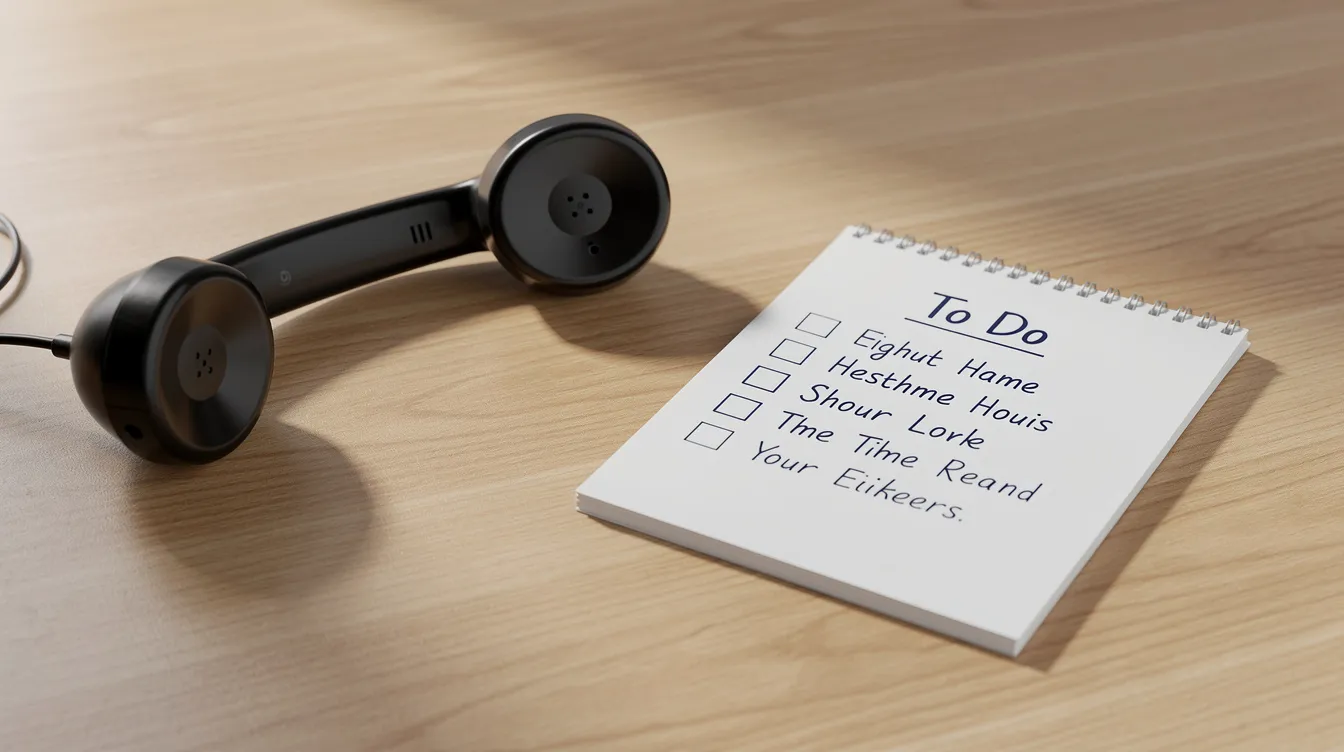 The image shows a telephone handset placed next to a notepad featuring a checklist on a wooden desk, suggesting an organized setting for managing tasks or important calls, possibly related to chronic obstructive pulmonary disease (COPD) and the disability benefits application process. The notepad may represent the gathering of medical evidence needed for a disability claim.