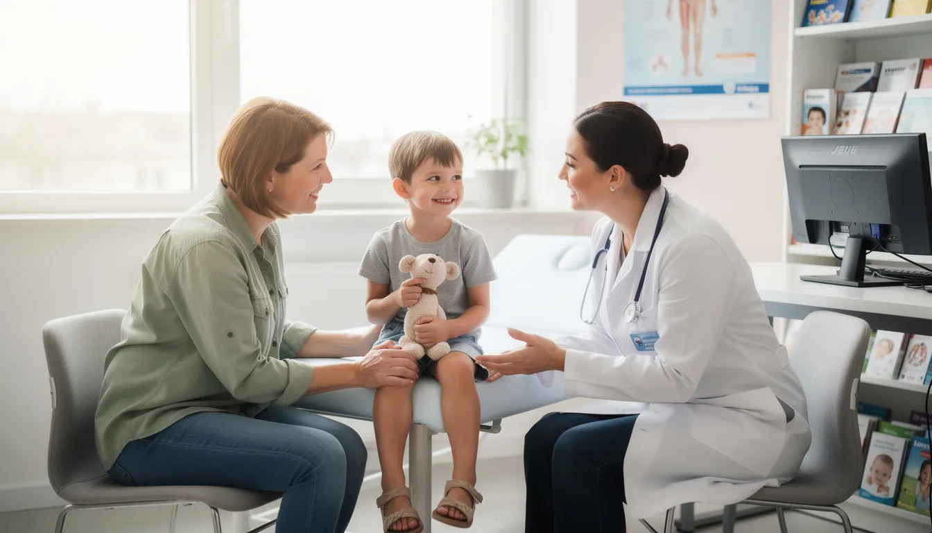 In a bright consultation room, a parent and child engage in a friendly conversation with a healthcare professional about the benefits of early orthodontic treatment, discussing personalized treatment plans to ensure the child's dental health and proper alignment of future permanent teeth. This initial consultation emphasizes the importance of early orthodontic evaluation to address any orthodontic issues and promote a healthier smile.