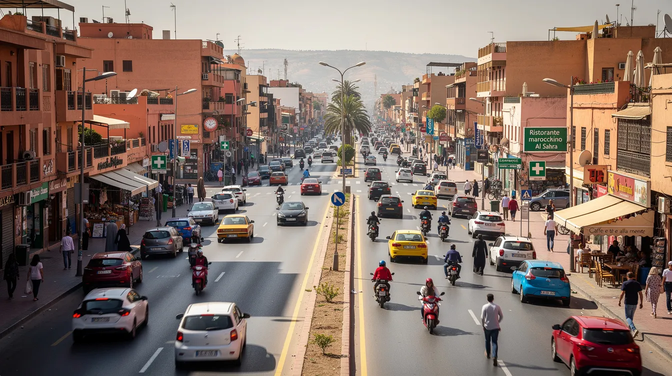 L'immagine mostra un vivace traffico cittadino in Marocco, con auto, scooter e pedoni che si muovono su una strada ampia. Questo scenario riflette la vita quotidiana in città, dove il noleggio auto in Marocco può offrire libertà e comodità durante il viaggio.