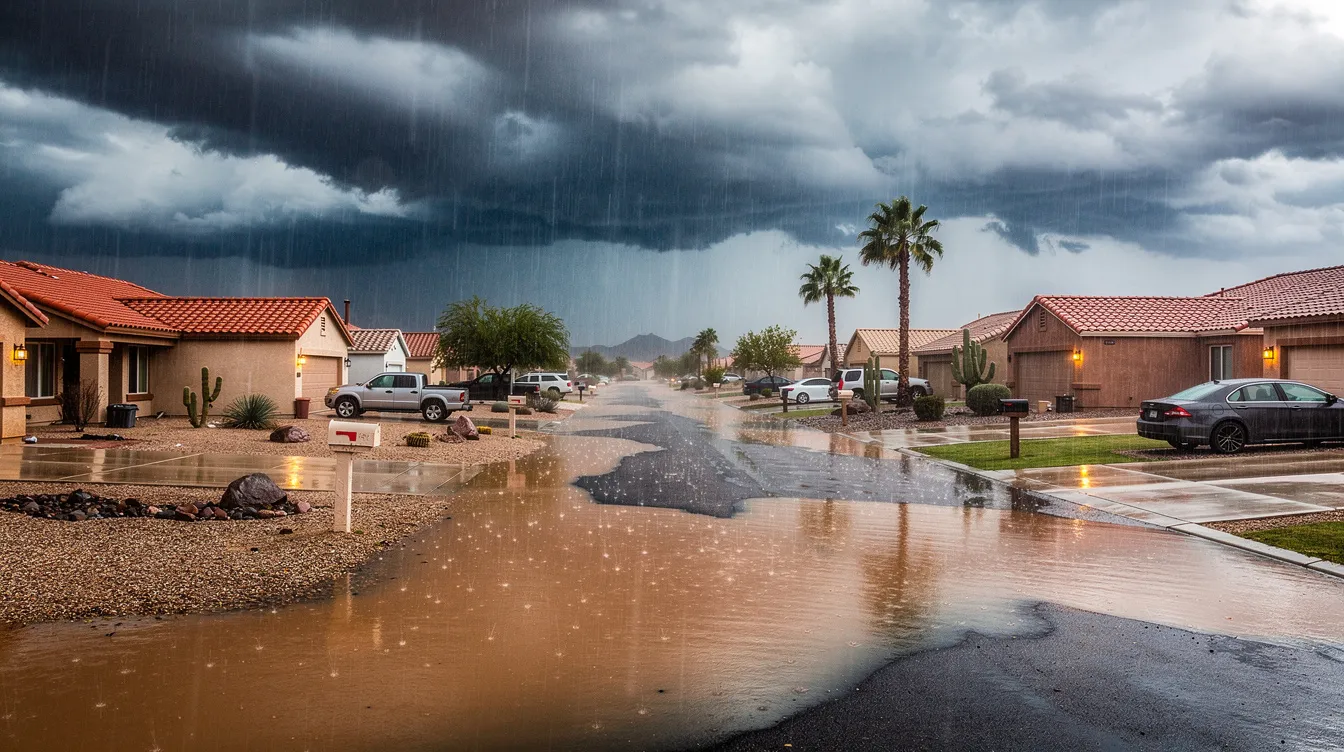 A residential neighborhood in Phoenix is depicted during a heavy monsoon rainstorm, with water pooling on the streets and lawns, highlighting the importance of sump pump installation and maintenance to prevent flooding and water damage in homes. The scene emphasizes the need for quality sump pump services to protect the home's foundation during such intense weather events.