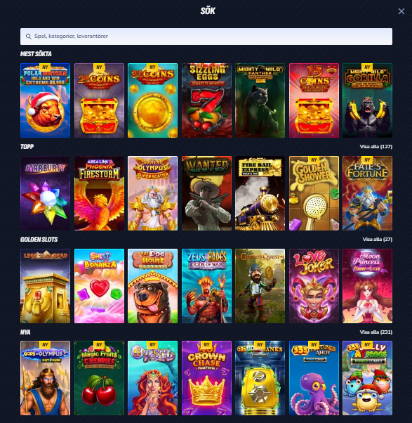 Betinias sökfunktion med spel sorterade efter bland annat populära, Golden Slots och nya spel.