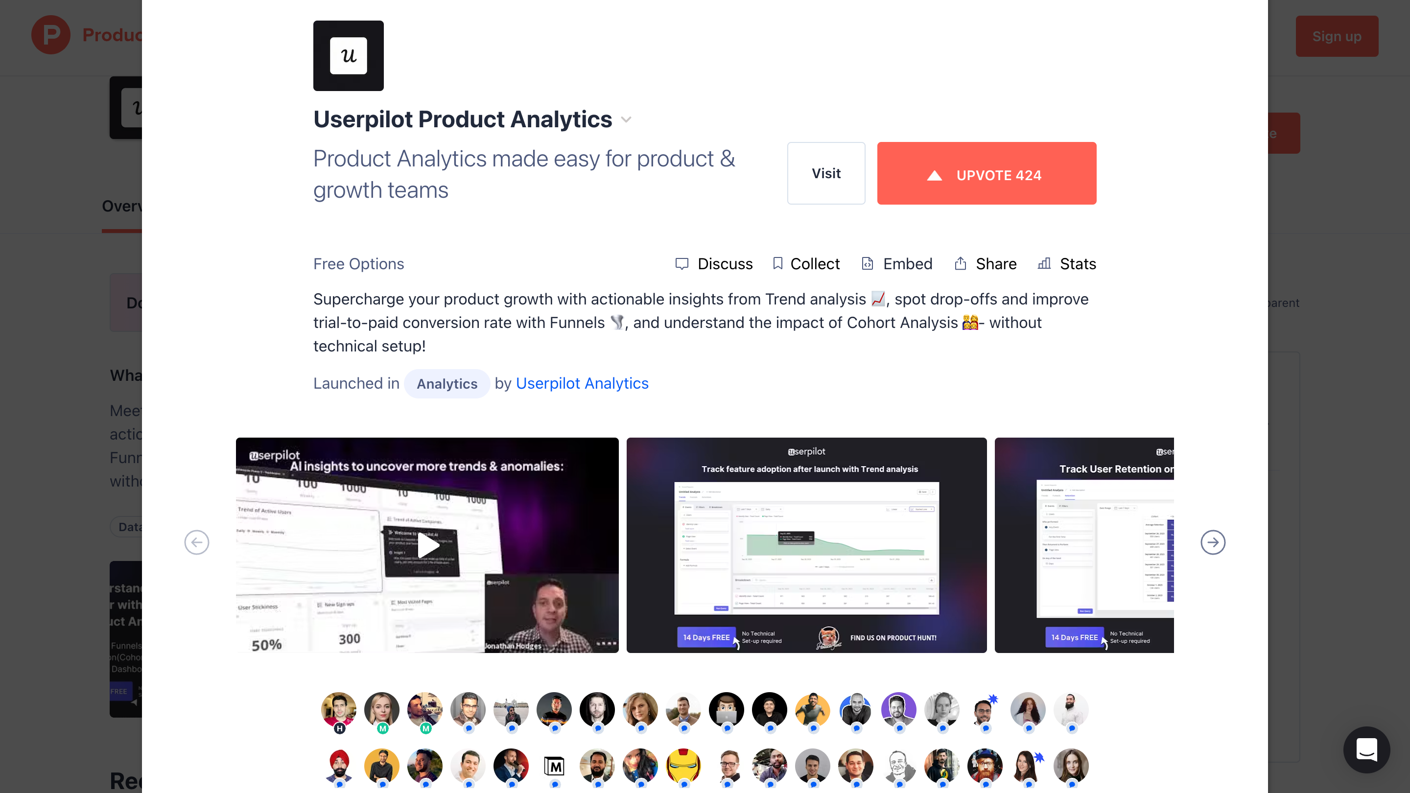 Userpilot analytics Product Hunt launch 