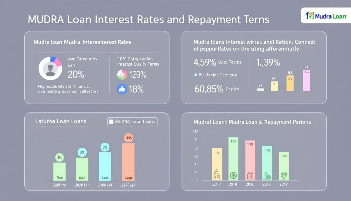An infographic detailing interest rates and repayment terms for Mudra loans.