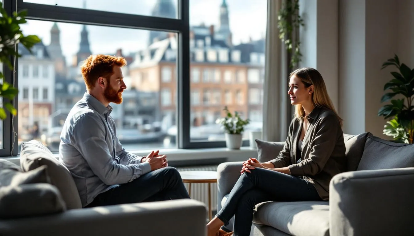 In the image, a male therapist with distinctive red hair conducts a couples therapy session with a blonde female partner and a dark-haired male partner, set against a picturesque background of Copenhagen. The scene captures the therapeutic relationship as they engage in discussions that may involve schema therapy techniques to address personality disorders and enhance mental health.