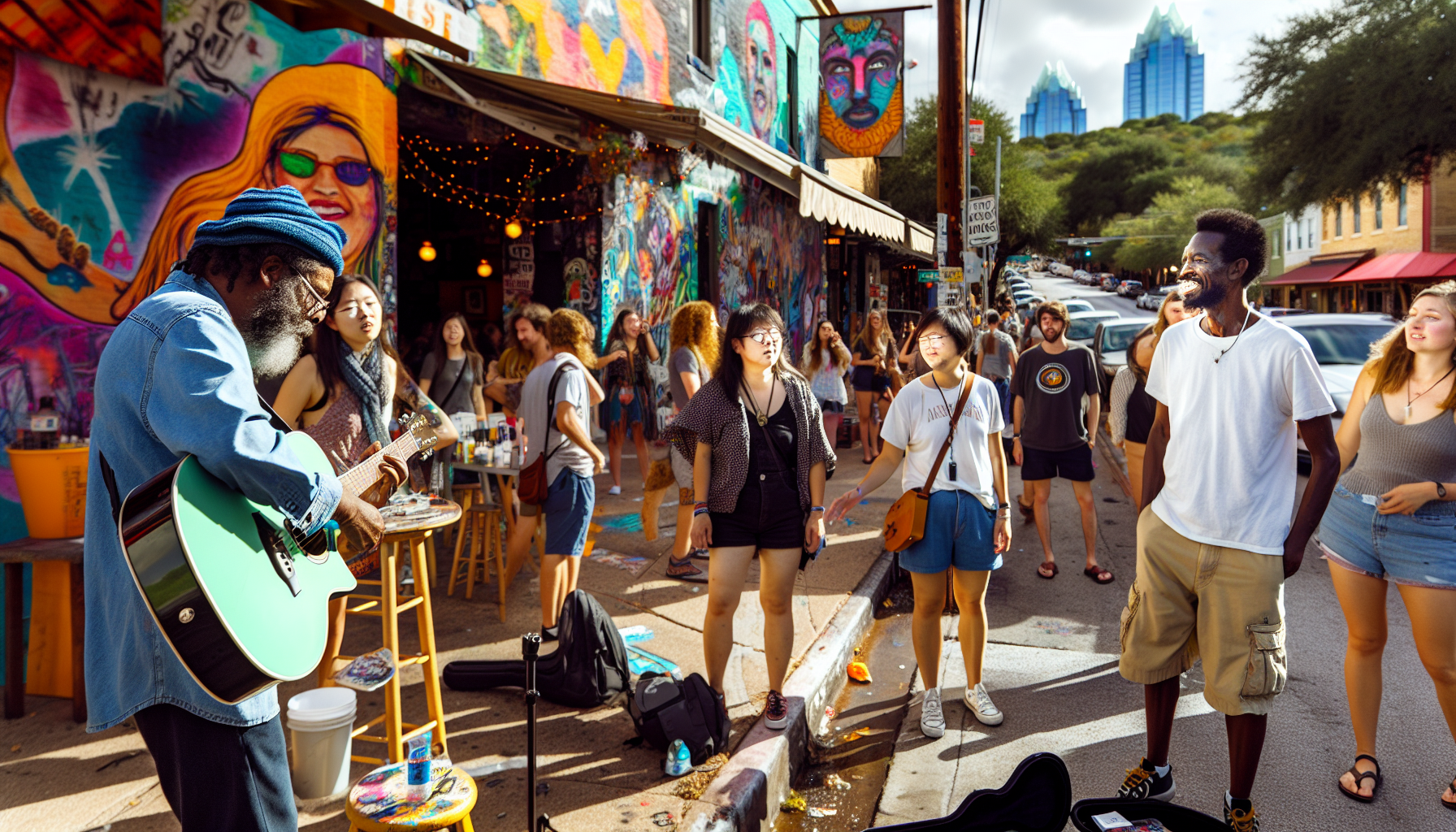 A vibrant street scene in Austin with live music and eclectic art, reminiscent of Seattle's charm merging with Austin weird